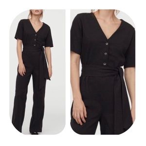 H&M L black Henley belted straight leg jumpsuit